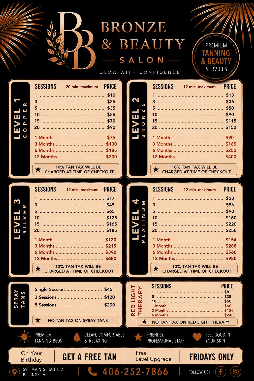 Bronze and Beauty Salon pricing sheet