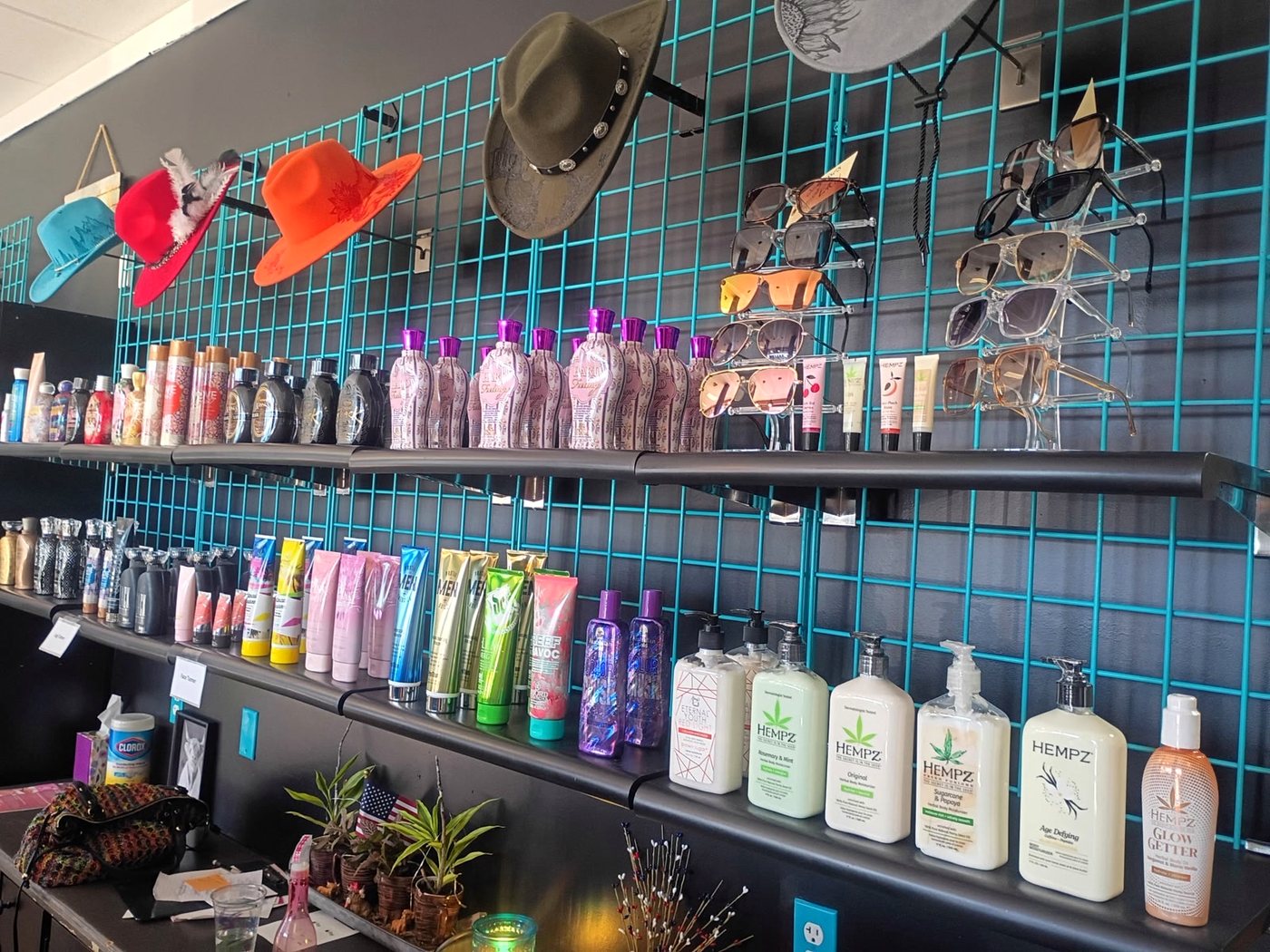 Tanning lotions and salon products on display