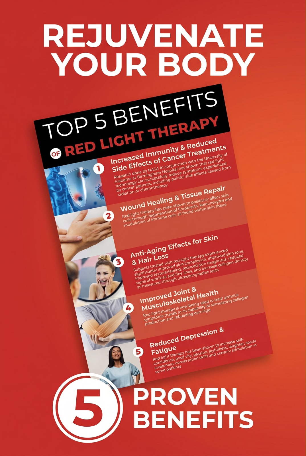 Top five benefits of red light therapy poster